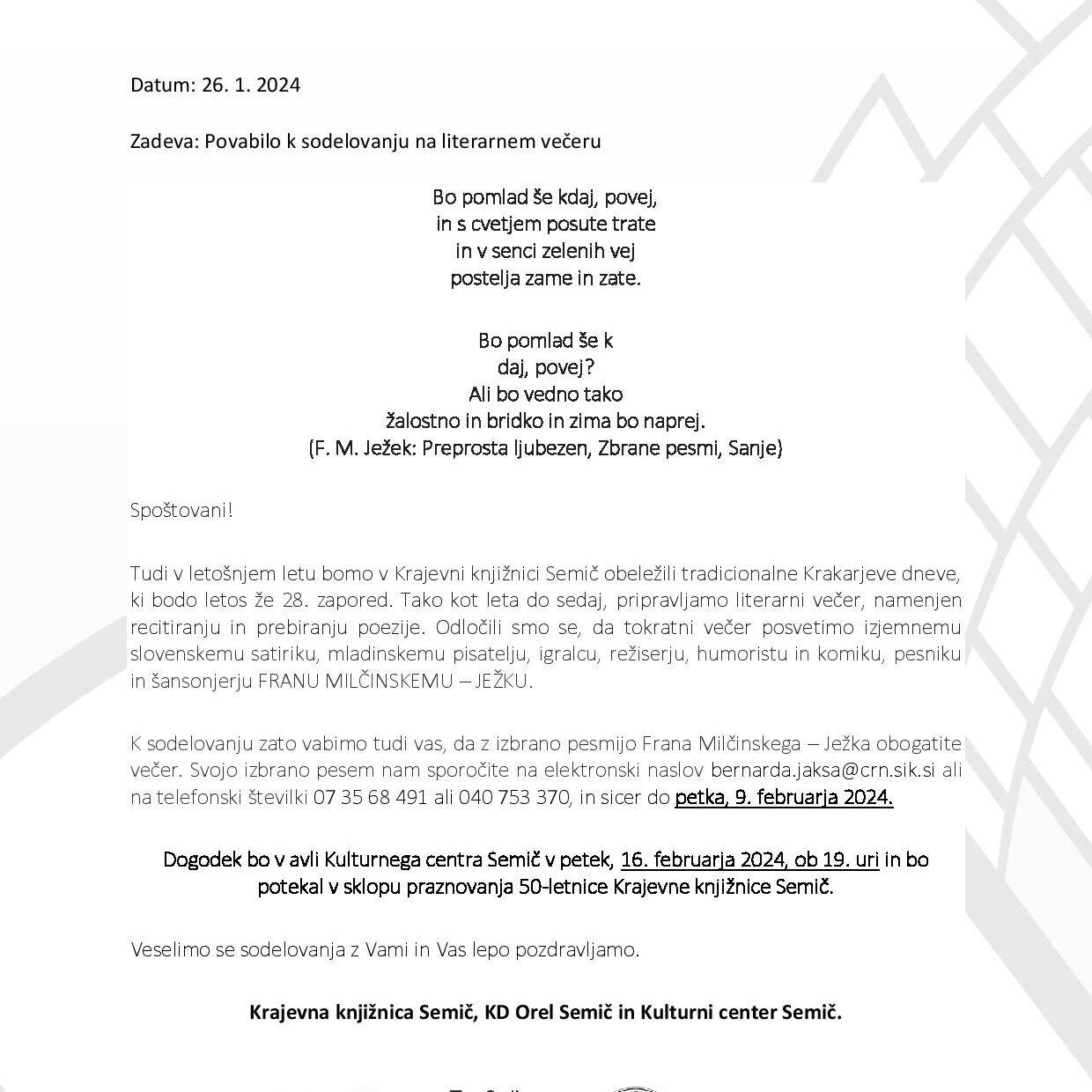 Povabilo na literarni dogodek KRAKARJEVI DNEVI page