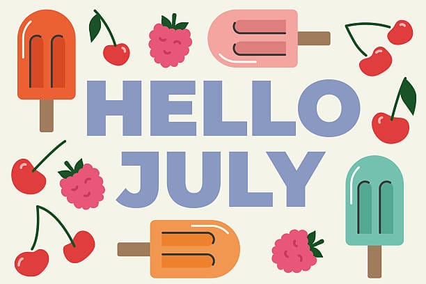 hello july text with ice cream, cherry and raspberry icons vector illustration hello july text with ice cream, cherry and raspberry icons vector illustration